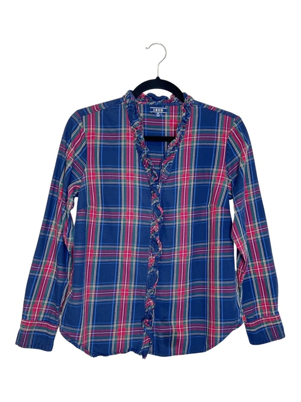 IZOD Ruffle Button Down Plaid 100% Cotton Top size Small